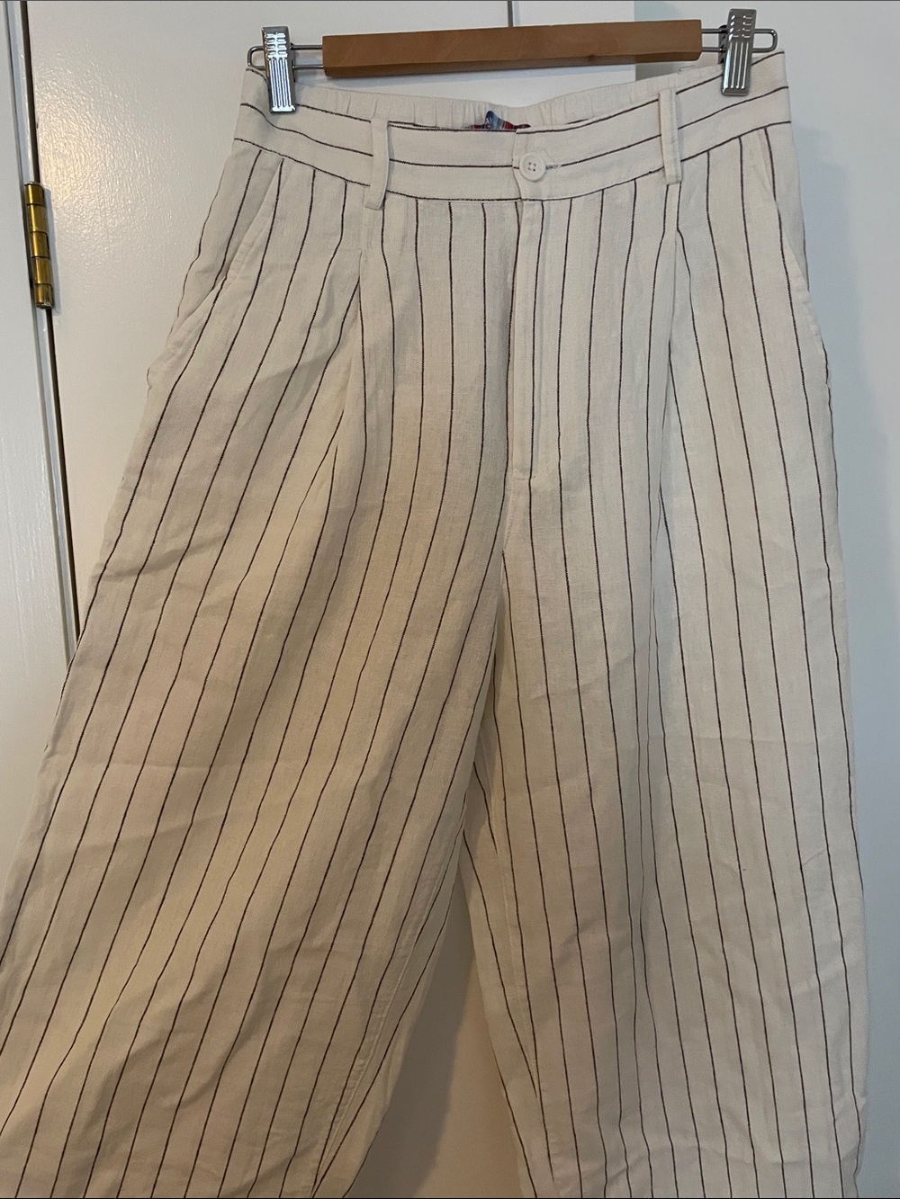 UO Cream Pinstripe Linen-Blend Trousers